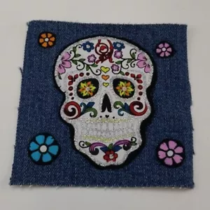 Sugar Skull Glittery Square Sew On Denim Patch Halloween Colorful - Picture 1 of 4