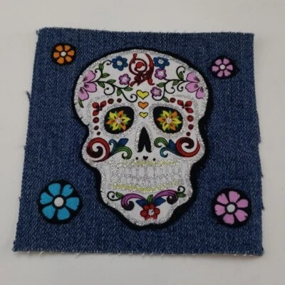 Sugar Skull Glittery Square Sew On Denim Patch Halloween Colorful - Image 1 of 4