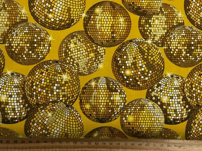 Lewis & Irene Disco Gold Discokugeln mit Gold Metallic Baumwollstoff von 1/4 M*
