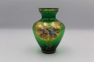 Vintage Bohemian Emerald Green Glass Vase. Hand Blown With Enamel Painted Flower - Picture 1 of 7