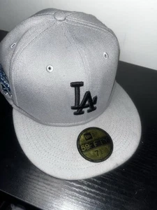 LA DODGERS Hat New Era 59 Fifty Cooperstown Gray Cap Fitted Plain Logo 7 3/8 - Picture 1 of 8