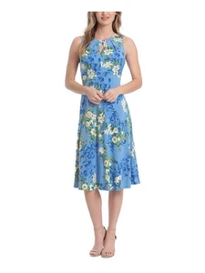 LONDON TIMES Womens Blue Pleated Zippered Keyhole Floral Sleeveless Round Neck - Picture 1 of 2