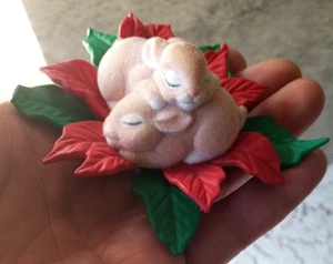 Bunny Rabbit Clip on Christmas Ornament 1990 Hallmark Gentle Dreamers Poinsettia - Picture 1 of 7