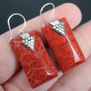Natural Red Coral 925 Sterling Silver Rectangular Earrings Jewellery, RCE-69