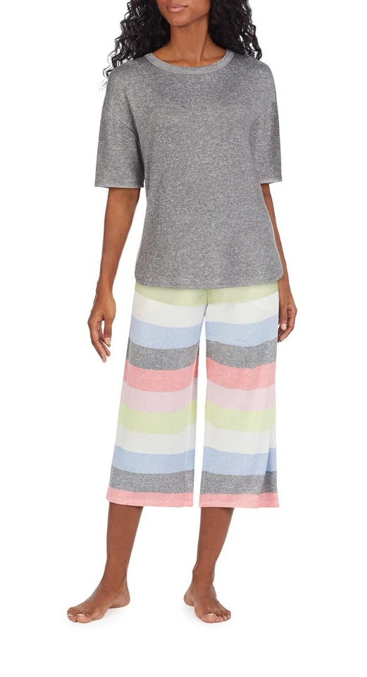 Womens XXL 20-22 DKNY 2 Piece Capri PJ Pajama Set Stripe Pants Solid Top Gray