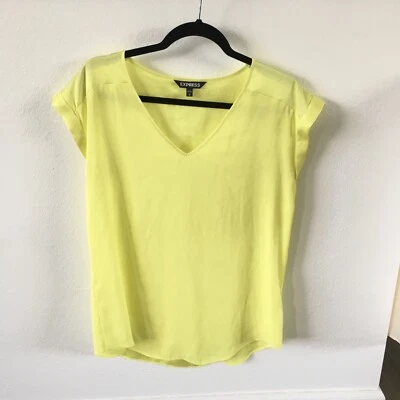 Express Cap Sleeve Neon Yellow Bright Party Event V-neck Top Medium Satin Poly - Image 1 of 4