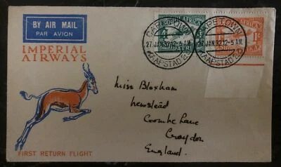 1932 Ciudad del Cabo Sudáfrica Primer Vuelo Correo Aéreo Cubierta FFC a Croydon Inglaterra Foto 1 de 2