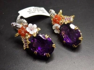 Gems en Vogue 16.27 ct African Amethyst and Carved Flower Drop Earrings - Picture 1 of 6