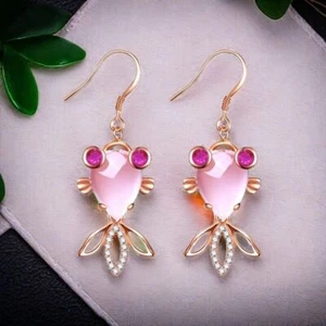Pink Natural Jade Goldfish Earrings Luxury Real Jewelry Rose Gold Plated - Picture 1 of 6