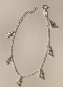 Sterling Silber .925 Italien gestempelt baumelnde Delfine 10" Fußkettchen-Neu - Bild 1 von 5