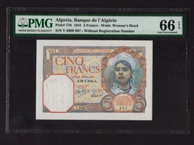 Algeria:P-77b,5 Francs 1941 * PMG Gem UNC 66 EPQ * - Image 1 of 2