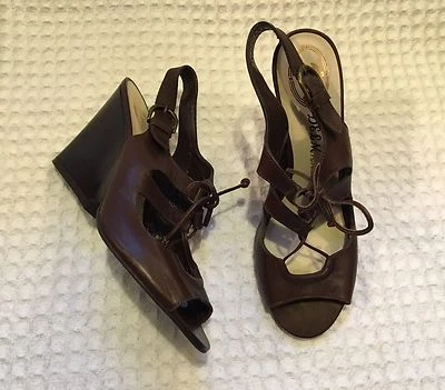 vintage DELMAN $448 Lace Up Brown Leather Wedge Open Toe High Heels Sandals 6.5 - Image 1 of 4