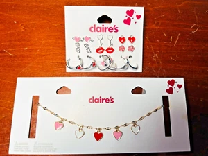 9 Pairs CLAIRE'S Pierced Earrings & Necklace VALENTINE Jewelry Love Hearts-NEW - Picture 1 of 2