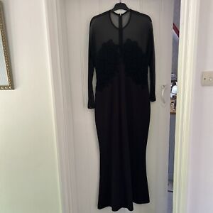 GINA BACCONI BLACK FLORAL LACE /mesh/LONG MAXI EVENING DRESS SIZE 16 - Beautiful