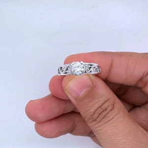 1.00CT Round Cut Real Moissanite Vintage Engagement Ring 14K White Gold Finish - Picture 1 of 4