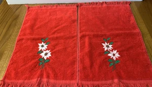 2 toallas de mano rojas vintage de Navidad cañón flores de pascua con flecos en muy buena condición - Imagen 1 de 2