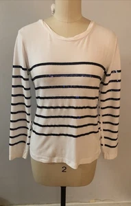 Saint James White W Navy Sequin Stripe LS Knit Top Size 8 - Picture 1 of 6