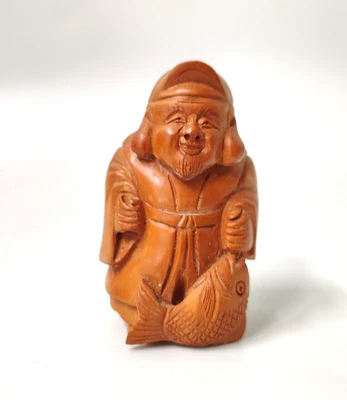 Madera tallada a mano japonesa 7 dioses de la suerte Ebisu dios del pescador Foto 1 de 4