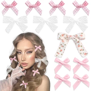 Pink Bow Clips 12PCS Coquette Hair Ribbon Floral Lace Plaid Mini Barrettes for G - Picture 1 of 12