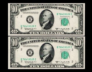 $10 1950-D Federal Reserve Note Uncirculated X 2 Sequentially Numbered (B77) - Picture 1 of 2