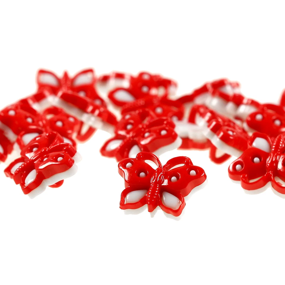 12 niedliche Kinderknöpfe 3D-Schmetterling, aus Kunststoff, rot/weiß (0,37€/1Stk - Bild 1 von 1