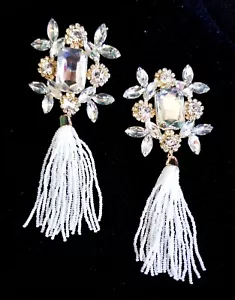 CLIP ON Earrings Rhinestone Crystal Oversized Clear Tassel Drop Chandelier 5.8in - Picture 1 of 18