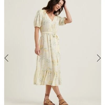 NWT LUCKY BRAND SOFIA MIDI DRESS FAUX WRAP YELLOW MICRO FLORAL WOMAN SMALL - Image 1 of 4