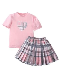 2 Piece Outfits Girls Skirt Sets Puff Short Sleeve Tee & Mini Pleated Plaid S... - Picture 1 of 6