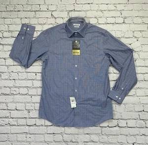 NWT Haggar Button Up Shirt Mens 15-15.5 34-35 Long Sleeve Blue Check Dress Shirt - Picture 1 of 15