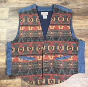 Chaleco Azteca De Colección Para Hombres XL Rojo Azul Denim Chaleco Arizona Jeans Años 90 Western. - Imagen 1 de 10