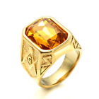 Amber CZ Inlay Gold Plated Masonic Ring Stainless Steel Vintage Men's Biker Ring