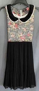 Yumi Women's 8 Dress Black Stripes Floral Print Lace Trim Collar Pleated Lined - Picture 1 of 10