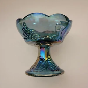 Vintage Indiana blau Karneval Glas Ernte Traube Standfuß Kompott Kerzenschale - Bild 1 von 12