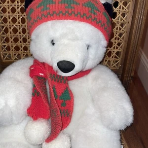 White Sitting Plush Teddy Bear Red Hat & Scarf  16” Merry Myers Townson, VT Toy - Picture 1 of 8
