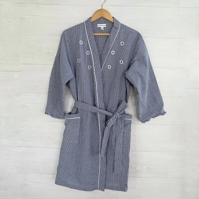 Miss Elaine - Bata de algodón bordada floral gingham azul y blanco, L Foto 1 de 4