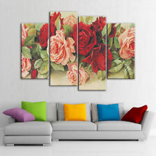 Red And Pink Roses Flowers Painting 4 Panel Canvas Print Wall Art Home Decor