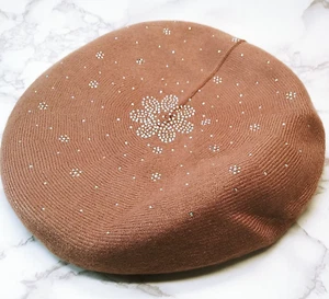 Classic Women's wool blend Beret Hat cap with Flower floral jeweled accents - Picture 1 of 5