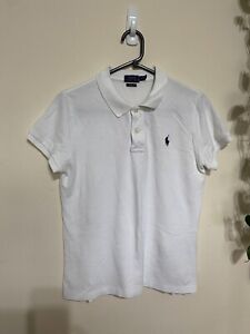 Ralph Lauren Polo Shirt White Womens Size M  Skinny Fit Logo Design Cotton