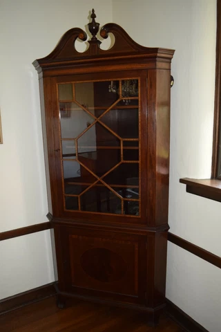 Superb PAIR of Mahogany & inlay Handmade Corner China Cabinets by Potthast Bros Cover