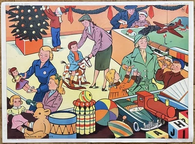 🚒 Ancienne affiche scolaire Rossignol, 1950 - Magasin jouets / Pompiers - Photo 1/3