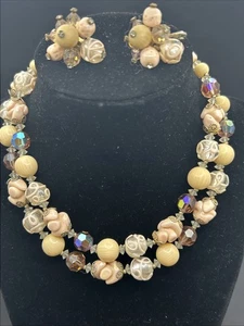 Vintage Vendome lila Pfirsich Rosa Kunst Glas Perlen Halskette 16" & Clip Ohrringe Set - Bild 1 von 10