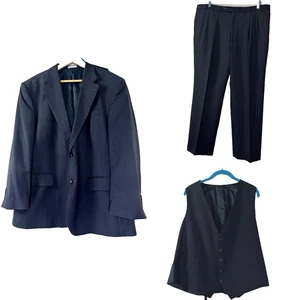 Geoffrey Beene Mens 48R Blazer W43 Pant Blue Pinstripe 3 Piece Suit Business Fit - Picture 1 of 21