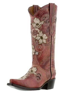 Womens Cowboy Boots Red Leather Flower Embroidered Ranch Wear Size 5.5, 6.5, 10 - Image 1 of 4