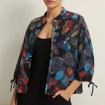 Cárdigan Blusa Top Chico’s Butterfly 100% Seda Cuello Mandarín Abierto Lagenlook Foto 1 de 4