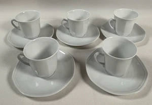 Vintage Porcelain De Limoges France Set 5 White Espresso Cups & Saucers Octagon - Picture 1 of 16
