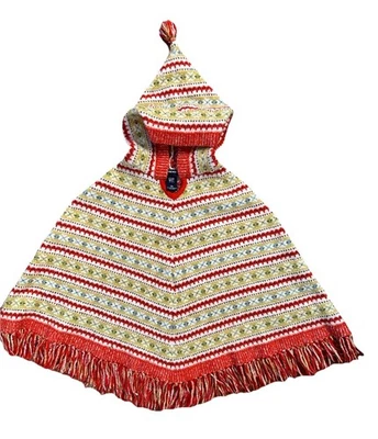 GAP Niñas Poncho Tejido con Capucha Capa Suéter Rojo Verde Fair Isle Flecos Talla L (10) Foto 1 de 4