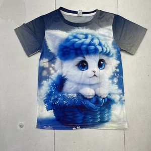 Blue White Cat In A Basket All Over Graphic Short Sleeve T-Shirt Kid Size 9-10Y - Picture 1 of 5