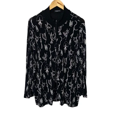 Vikki Vi Slinky Knit Full Zip Jacket Quirky Print Black White Plus 1X Artsy - Image 1 of 4