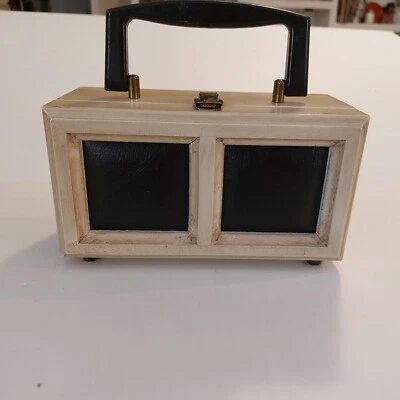 Antigo Bolsa exclusiva de madeira/couro. Estilo anos 60 e 70. Bolsa caixa 8" de comprimento 4" de largura - Imagem 1 de 4