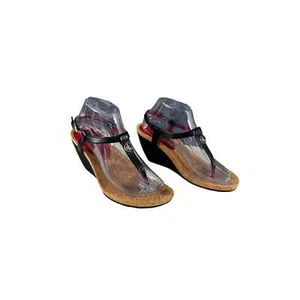 Ralph Lauren Women Patent Leather Sandals Black T-strap Cork Wedge Size 8 - Picture 1 of 11